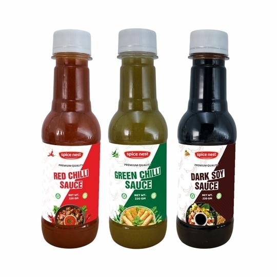 Spice Nest Sauce Combo Pack | Red Chilli 220gm + Green Chilli 220gm + Dark Soy 220gm | Perfect for Cooking, Dips & Marinades | Authentic Asian Flavors (Red, Green, Dark combo)