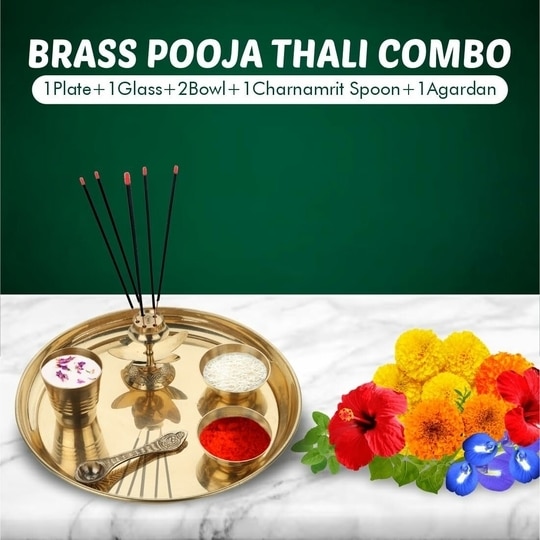 Dokchan Traditional Handcrafted Brass Puja Thali Aarti Bartan Plate Set of 6 Piece for Mandir Pooja Room Home Temple (Size 7 Inch | Color | Golden)