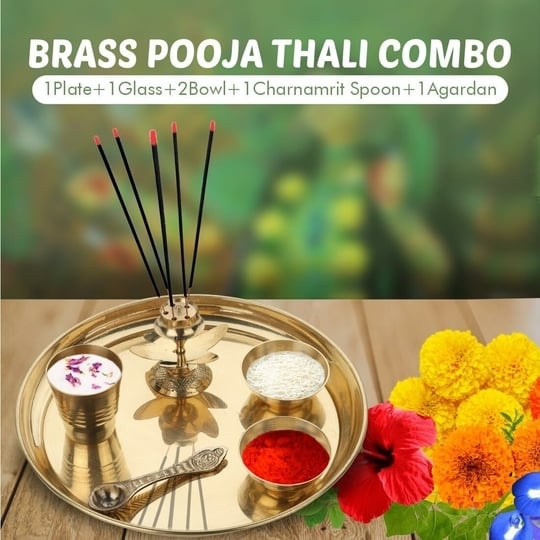 Dokchan Traditional Handcrafted Brass Puja Thali Aarti Bartan Plate Set of 6 Piece for Mandir Pooja Room Home Temple (Size 7 Inch | Color | Golden)