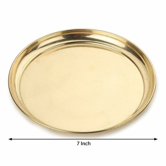 Dokchan Traditional Handcrafted Brass Puja Thali Aarti Bartan Plate Set of 6 Piece for Mandir Pooja Room Home Temple (Size 7 Inch | Color | Golden)