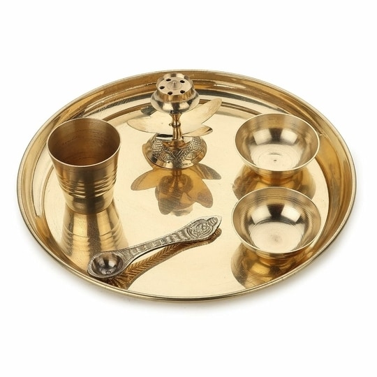 Dokchan Traditional Handcrafted Brass Puja Thali Aarti Bartan Plate Set of 6 Piece for Mandir Pooja Room Home Temple (Size 7 Inch | Color | Golden)
