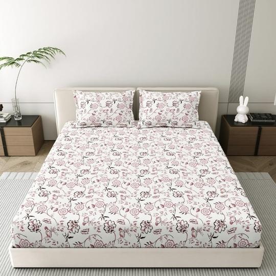 Mafatlal Queen Size Double Bed Bedsheet Set | 100% Cotton Fabric with Twill Weave | 186 TC | Size: 229 x 254 cm | Soft, Breathable & Durable | Includes 2 Pillow Covers | Suitable for All-Season Use (White & Pink)