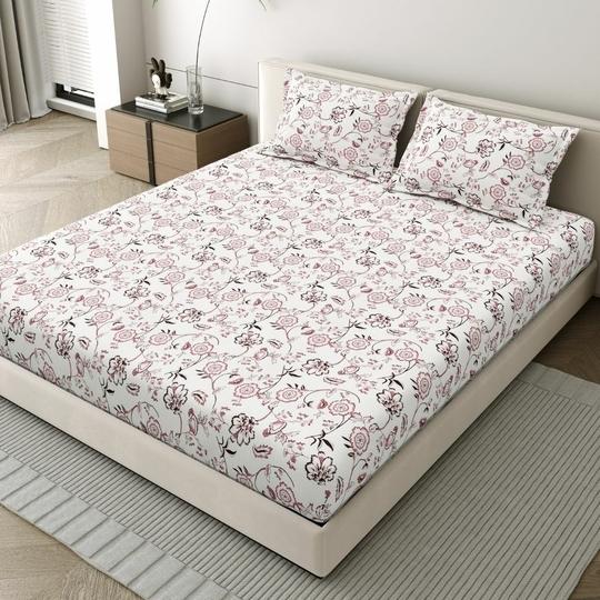 Mafatlal Queen Size Double Bed Bedsheet Set | 100% Cotton Fabric with Twill Weave | 186 TC | Size: 229 x 254 cm | Soft, Breathable & Durable | Includes 2 Pillow Covers | Suitable for All-Season Use (White & Pink)