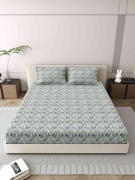 Mafatlal King Size Bedsheet Set, 100% Cotton Percale, 186 TC, 108 x 108 Inches, Elegant Jacquard Weave Print, Soft & Durable Fabric, Includes 2 Pillow Covers, Perfect for All-Season Use (Light green, dark green, navy blue and white)
