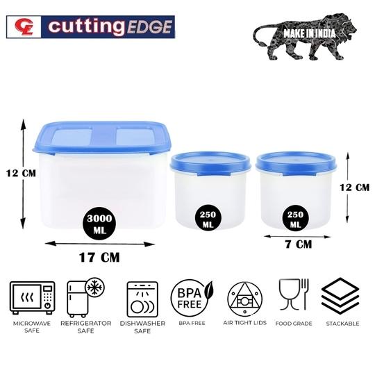 Cutting EDGE Modular Airtight Kitchen Storage Containers Combo Set with Plain lid (3.0L + 2x250ml), Plastic Containers Combo Set for Rice, Dal, Atta,Flour, Cereals, Snacks (Light Blue)