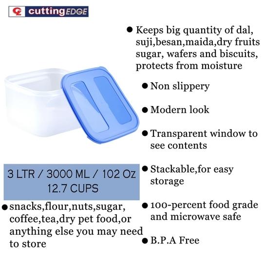 Cutting EDGE Modular Airtight Kitchen Storage Containers Combo Set with Plain lid (3.0L + 2x250ml), Plastic Containers Combo Set for Rice, Dal, Atta,Flour, Cereals, Snacks (Light Blue)