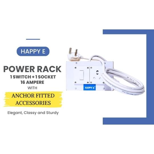 HAPPY E 1+1 Power Rack 16A Extension Board with Wooden Box | 3000W Heavy Duty | 3 Meter Cable | 2.5 mm 3 Core Wire (White)