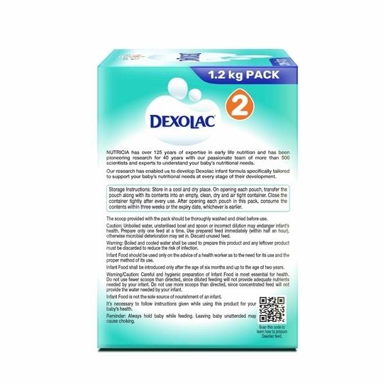 Dexolac Infant Formula Milk Powder for Babies - Stage 2 (6 to 12 Months) - with 100% Lactose and 36 Vital Nutrients - 1.2 Kg Large Pack