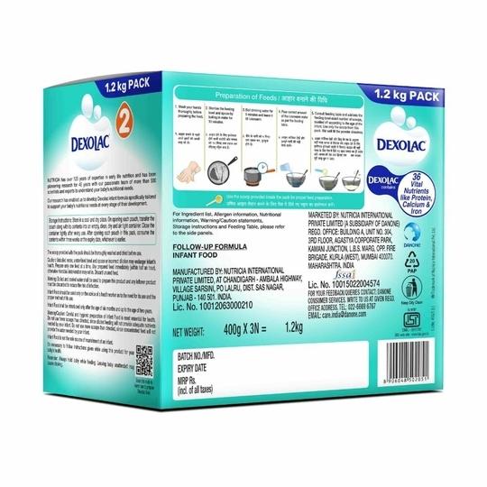 Dexolac Infant Formula Milk Powder for Babies - Stage 2 (6 to 12 Months) - with 100% Lactose and 36 Vital Nutrients - 1.2 Kg Large Pack