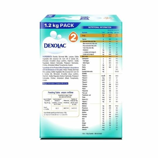 Dexolac Infant Formula Milk Powder for Babies - Stage 2 (6 to 12 Months) - with 100% Lactose and 36 Vital Nutrients - 1.2 Kg Large Pack