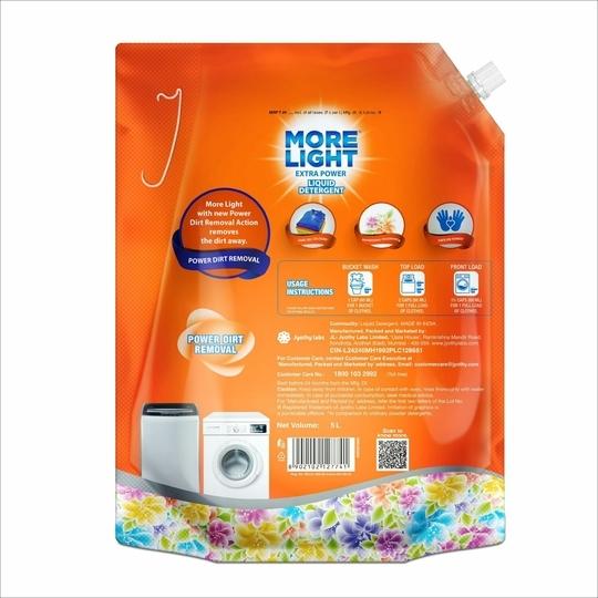 MORE LIGHT Extra Power Liquid Detergent 5 Litre Pouch with Enzymatic Action Removes Tough Stain | Laundry Liquid Detergent with Refreshing Fragrance for Bucket Wash, Top Load & Front Load Machines