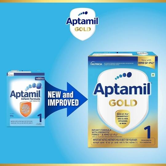 APTAMIL Gold Infant Formula Milk Powder for Babies - Stage 1 (Upto 6 months) - with HMO and Prebiotics - 400gms - BIB Pack