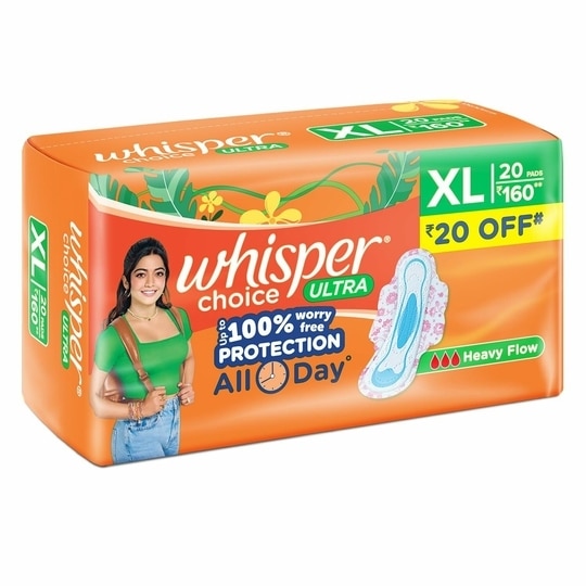 Whisper Choice Ultra Sanitary Pads for Women, XL 20 Napkins (Pack of 2)
