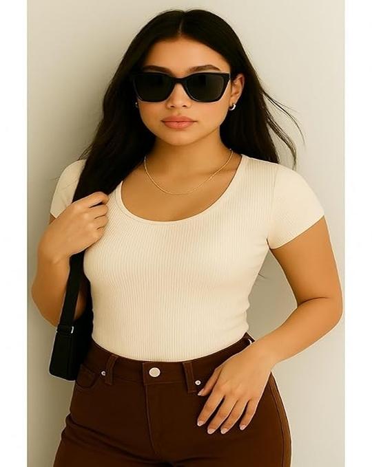 SANVALI SALONI Women  Ribbed Short Sleeve Top | Slim Fit Scoop Neck T Shirt | Casual Stretchy Basic Tee for Everyday Wear | Soft Knit Fitted Blouse Pack of 2 White & Brown XL