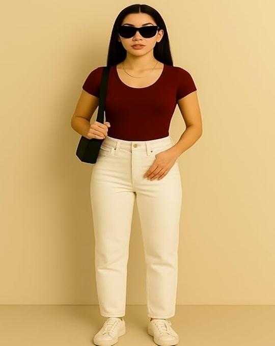 SANVALI SALONI Women  Ribbed Short Sleeve Top | Slim Fit Scoop Neck T Shirt | Casual Stretchy Basic Tee for Everyday Wear | Soft Knit Fitted Blouse Pack of 2 White & Brown XL