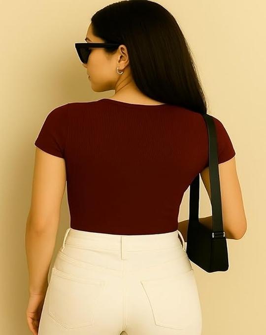 SANVALI SALONI Women  Ribbed Short Sleeve Top | Slim Fit Scoop Neck T Shirt | Casual Stretchy Basic Tee for Everyday Wear | Soft Knit Fitted Blouse Pack of 2 White & Brown XL