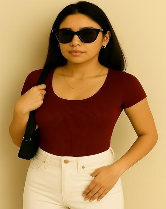 SANVALI SALONI Women  Ribbed Short Sleeve Top | Slim Fit Scoop Neck T Shirt | Casual Stretchy Basic Tee for Everyday Wear | Soft Knit Fitted Blouse Pack of 2 White & Brown XL