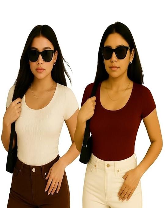 SANVALI SALONI Women  Ribbed Short Sleeve Top | Slim Fit Scoop Neck T Shirt | Casual Stretchy Basic Tee for Everyday Wear | Soft Knit Fitted Blouse Pack of 2 White & Brown XL