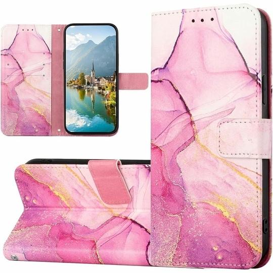 ClickCase Marble Series Faux Leather Back Case Card Holder Wallet with Magnetic Closure Flip Cover For iPhone 15 Plus (Pink)