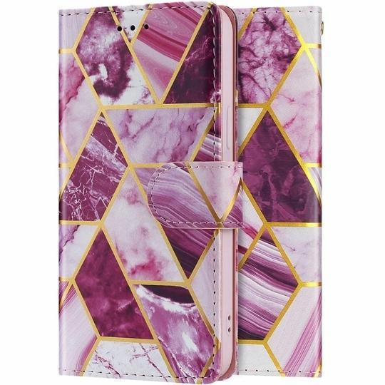 ClickCase Marble Series Faux Leather Back Case Card Holder Wallet with Magnetic Closure Flip Cover For iPhone 16 (Wine Purple)