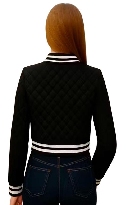 ETIMAAD Women's Quilted Varsity Bomber Jacket, Black with White Stripes, Heart Emblem, Cropped Length, Full Zip Front, Long Sleeve, Athletic Style