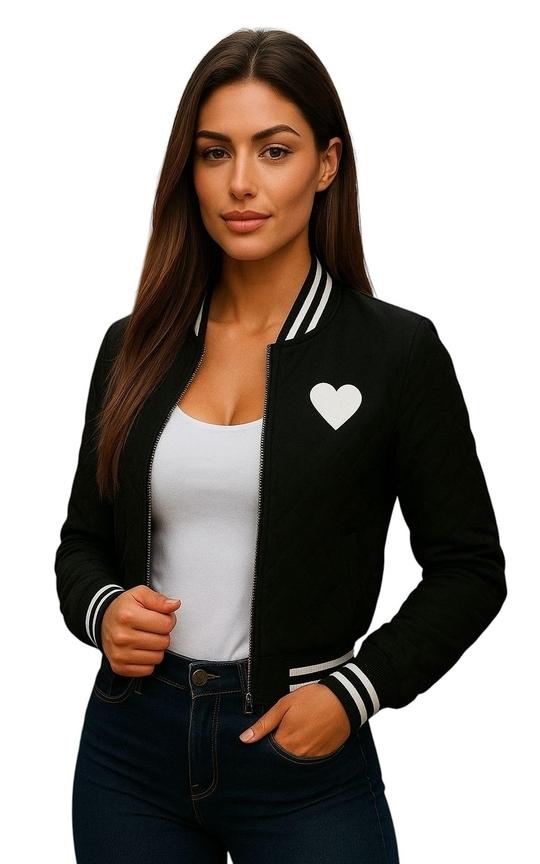 ETIMAAD Women's Quilted Varsity Bomber Jacket, Black with White Stripes, Heart Emblem, Cropped Length, Full Zip Front, Long Sleeve, Athletic Style
