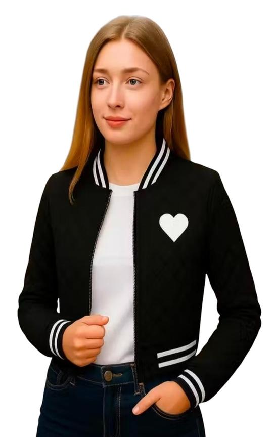 ETIMAAD Women's Quilted Varsity Bomber Jacket, Black with White Stripes, Heart Emblem, Cropped Length, Full Zip Front, Long Sleeve, Athletic Style
