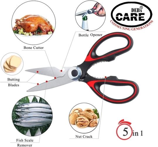 DEB's CARE Premium Heavy Duty Shears Ultra Sharp Stainless Steel Multi-function Kitchen Scissors for Chicken Poultry Fish Meat Vegetables Herbs BBQ (Pack of 1)