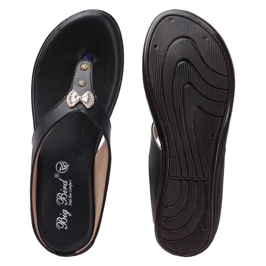 Big Bird Footwear Flat Casual V-strap Sandals for Women & Girls (Black)