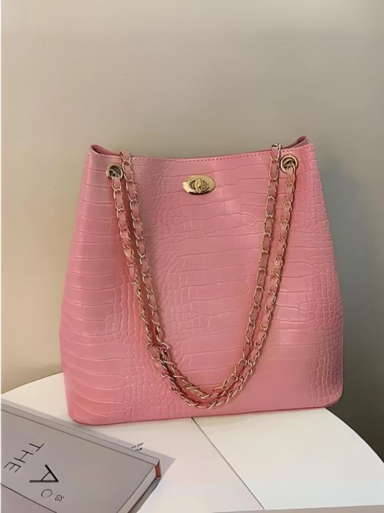 LIVE FASHION Women Black Croco Textured Shoulder Bag