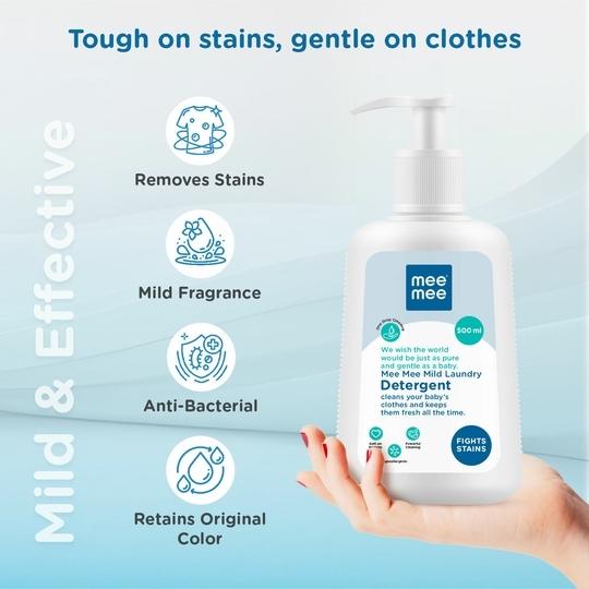 Mee Mee Baby Liquid Detergent | Anti-Bacterial & Hypoallergenic Baby Laundry Wash | Removes Stains & Odor | Gentle on Skin | 500 ml Bottle