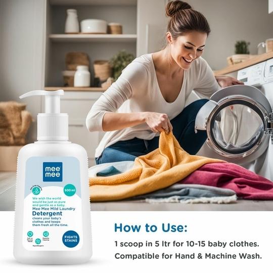 Mee Mee Baby Liquid Detergent | Anti-Bacterial & Hypoallergenic Baby Laundry Wash | Removes Stains & Odor | Gentle on Skin | 500 ml Bottle