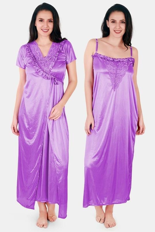 Be You Women Light Purple Solid Satin Nighty With Robe