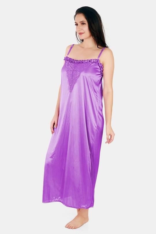 Be You Women Light Purple Solid Satin Nighty With Robe