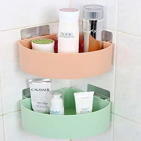 SHOPITECH ABS Plastic Multipurpose Kitchen Bathroom Triangle Wall Mount Holder Storage Self Adhesive Shower Caddy Rack Corner Shelf Storage Basket Plastic Wall Shelf Plastic Wall Shelf (Number of Shelves - 2, WHITE)