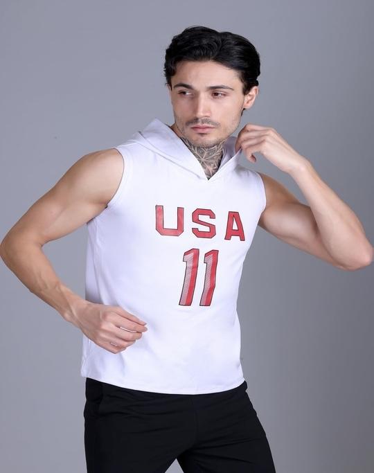URBAN WARMS Men's Workout Hooded Vest| Sleeveless Bodybuilding Gym Vest | Lightweight Fitness for Men-White