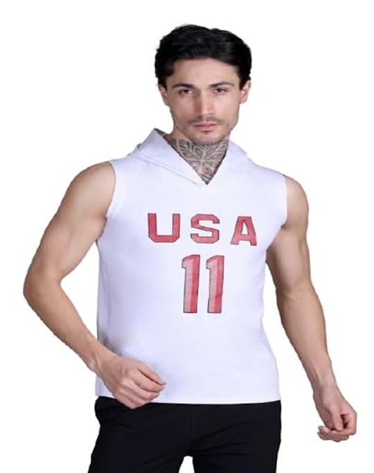 URBAN WARMS Men's Workout Hooded Vest| Sleeveless Bodybuilding Gym Vest | Lightweight Fitness for Men-White