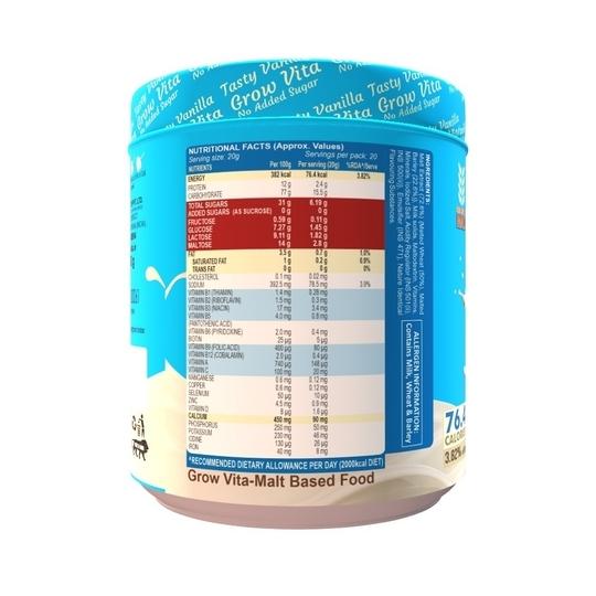 Grow Vita Growth Ka Naya Formula Delicious, Nutritious Malt Base Milk Food, Essential Nutrients Available, Vanilla No Added Sugar Flavours Drink. 400GM