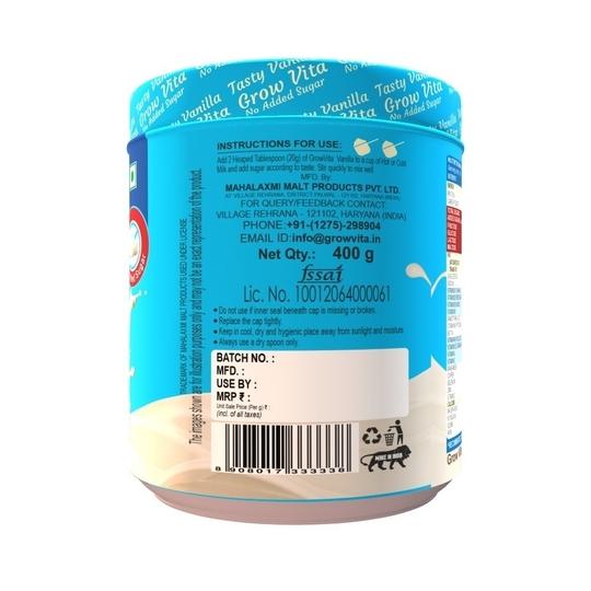 Grow Vita Growth Ka Naya Formula Delicious, Nutritious Malt Base Milk Food, Essential Nutrients Available, Vanilla No Added Sugar Flavours Drink. 400GM