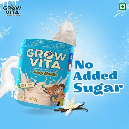 Grow Vita Growth Ka Naya Formula Delicious, Nutritious Malt Base Milk Food, Essential Nutrients Available, Vanilla No Added Sugar Flavours Drink. 400GM