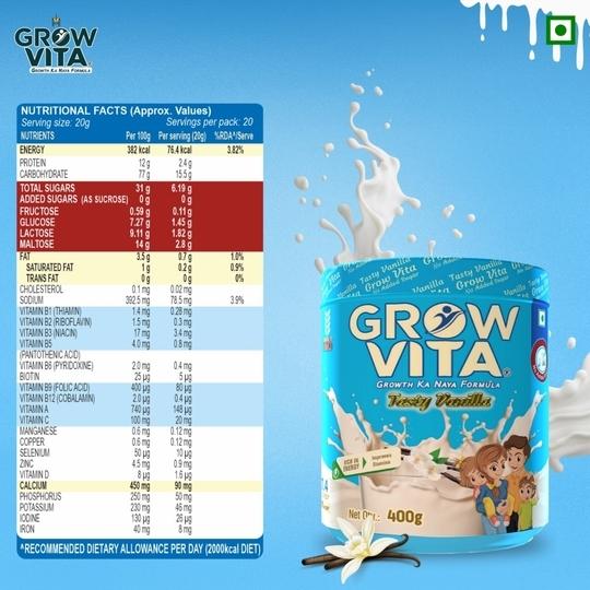 Grow Vita Growth Ka Naya Formula Delicious, Nutritious Malt Base Milk Food, Essential Nutrients Available, Vanilla No Added Sugar Flavours Drink. 400GM