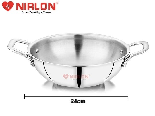 NIRLON Smart Triply Stainless Steel Deep Kadai with Stainless Steel Lid | 24cm | Silver (Induction and Gas Stove Friendly)