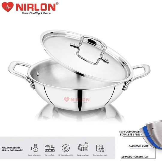 NIRLON Smart Triply Stainless Steel Deep Kadai with Stainless Steel Lid | 24cm | Silver (Induction and Gas Stove Friendly)