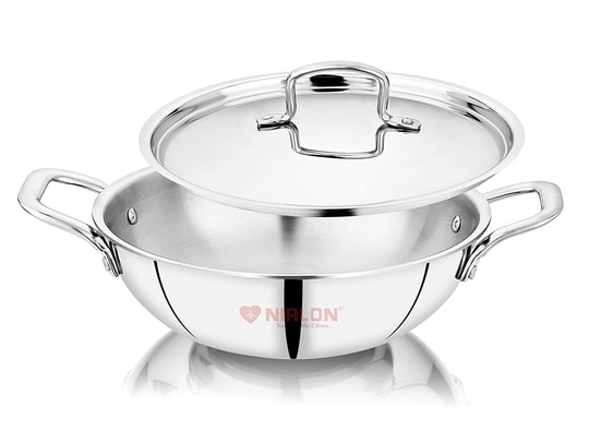 NIRLON Smart Triply Stainless Steel Deep Kadai with Stainless Steel Lid | 24cm | Silver (Induction and Gas Stove Friendly)