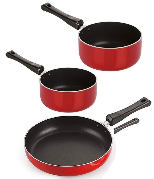 Nirlon Red Non-Stick Cookware Set 3 Pieces of Fry Pan & Sauce Pan-FP10_SP(M)_SP(B)
