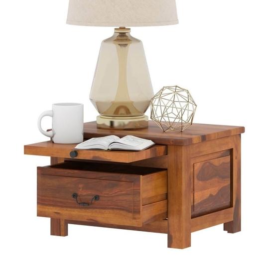 SMAART CRAAFTS Radha Solid Wood Bedside Table - Premium Rectangular Design with 1 Drawer and 1 Tray - Nightstand and End Table for Bedroom and Home - Pure Sheesham Wood with Maple Finish