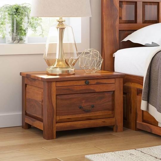 SMAART CRAAFTS Radha Solid Wood Bedside Table - Premium Rectangular Design with 1 Drawer and 1 Tray - Nightstand and End Table for Bedroom and Home - Pure Sheesham Wood with Maple Finish