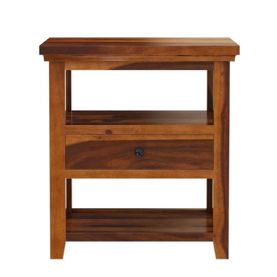 SMAART CRAAFTS Mahaveer Solid Wood Bedside Table - Premium Design with 1 Drawer and 1 Shelf - Nightstand and End Table for Bedroom, Home & Kitchen - Pure Sheesham Wood with Maple Finish