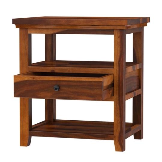 SMAART CRAAFTS Mahaveer Solid Wood Bedside Table - Premium Design with 1 Drawer and 1 Shelf - Nightstand and End Table for Bedroom, Home & Kitchen - Pure Sheesham Wood with Maple Finish