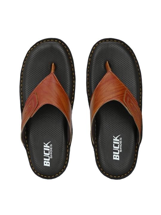 BUCIK Men's Tan Synthetic Leather Slip-On Casual Slipper/Flip Flop